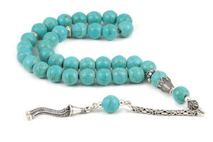 Natural Howlite Turquoise Misbaha with Ornate Silver Accents